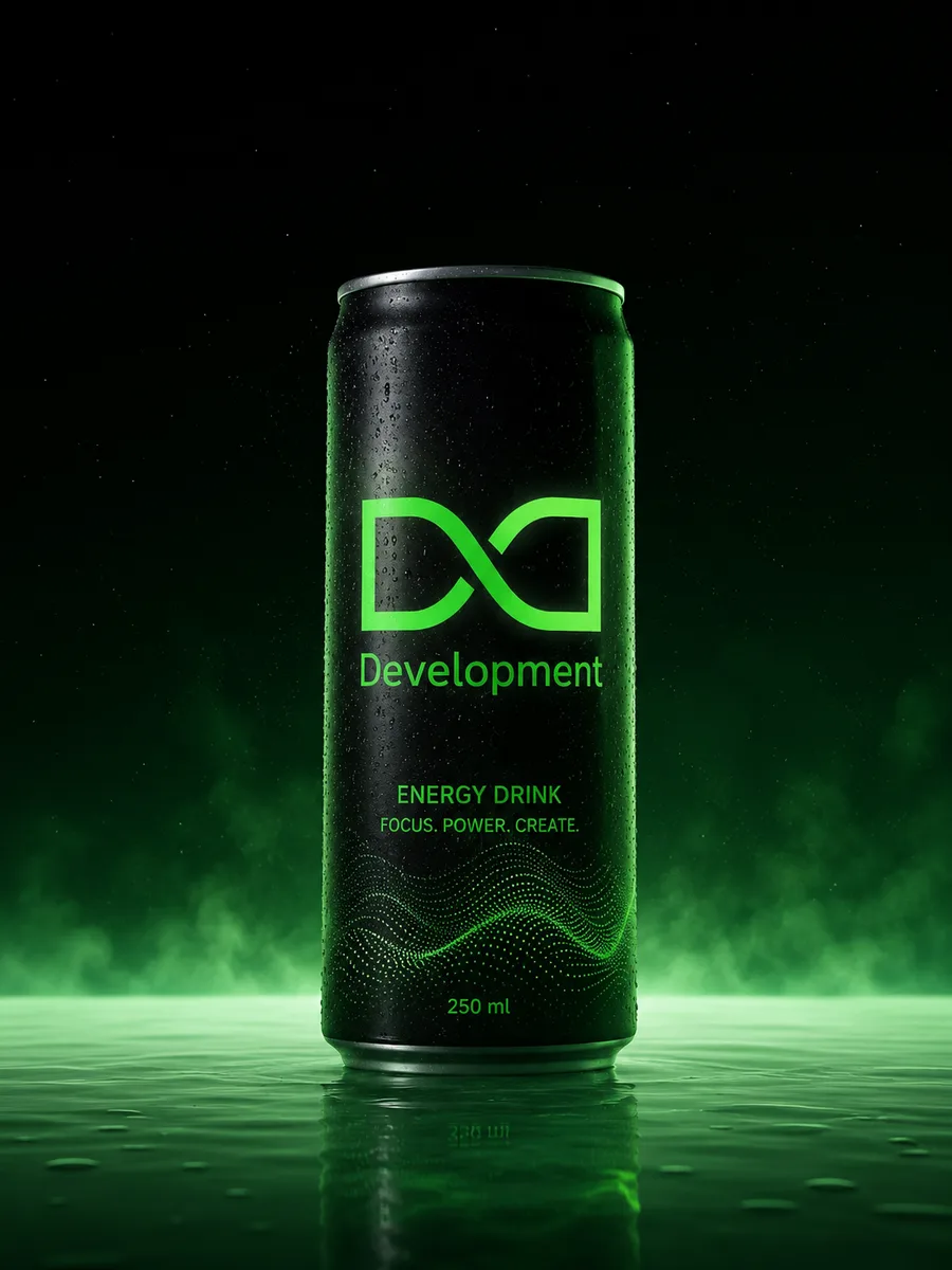 AI-generated product visual: black DD Development energy drink can with glowing green logo