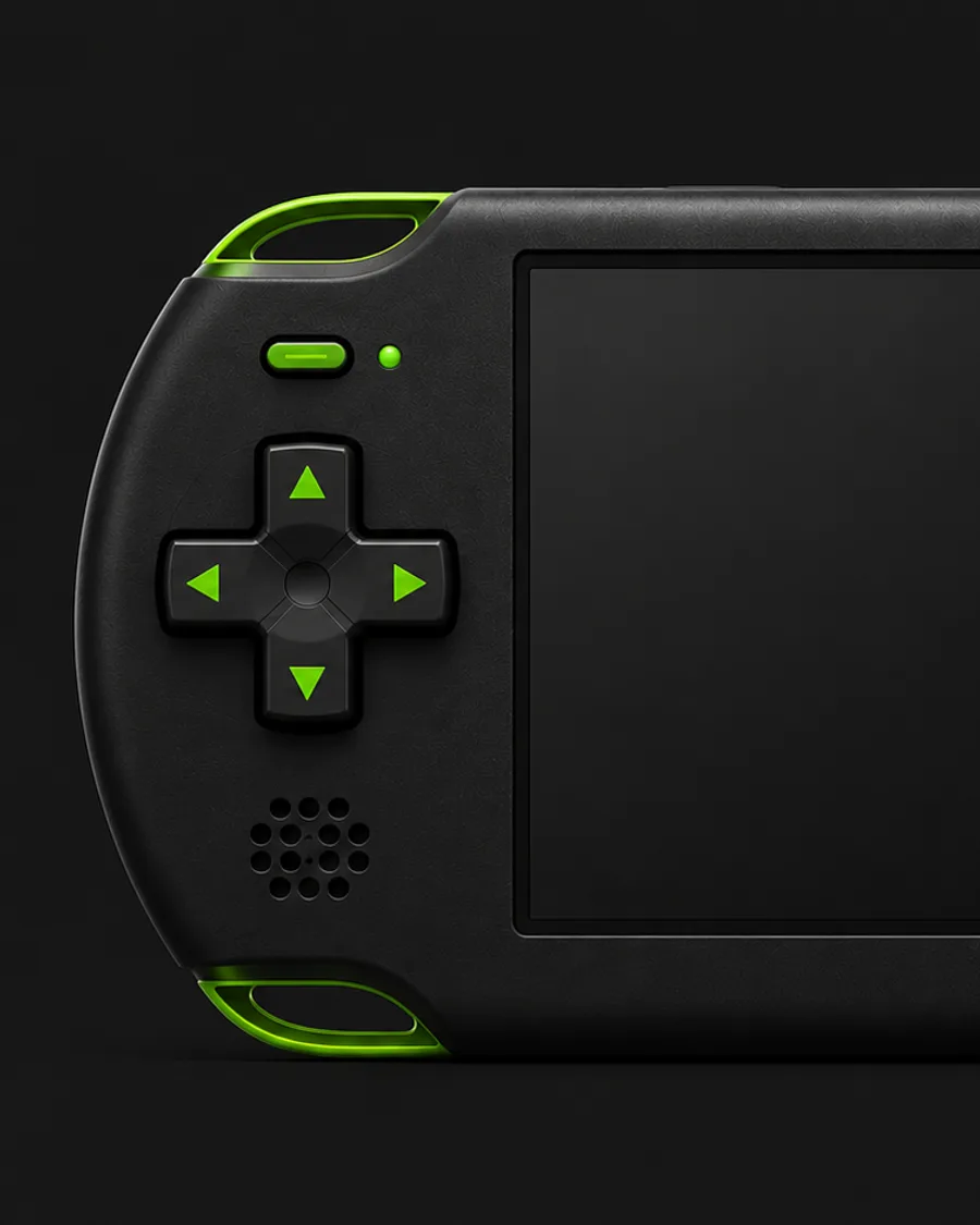AI-generated product visual: black handheld game console with green D-pad accents