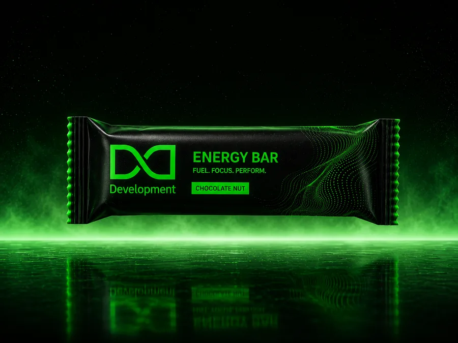 AI-generated product visual: DD Development energy bar wrapper in black and neon green