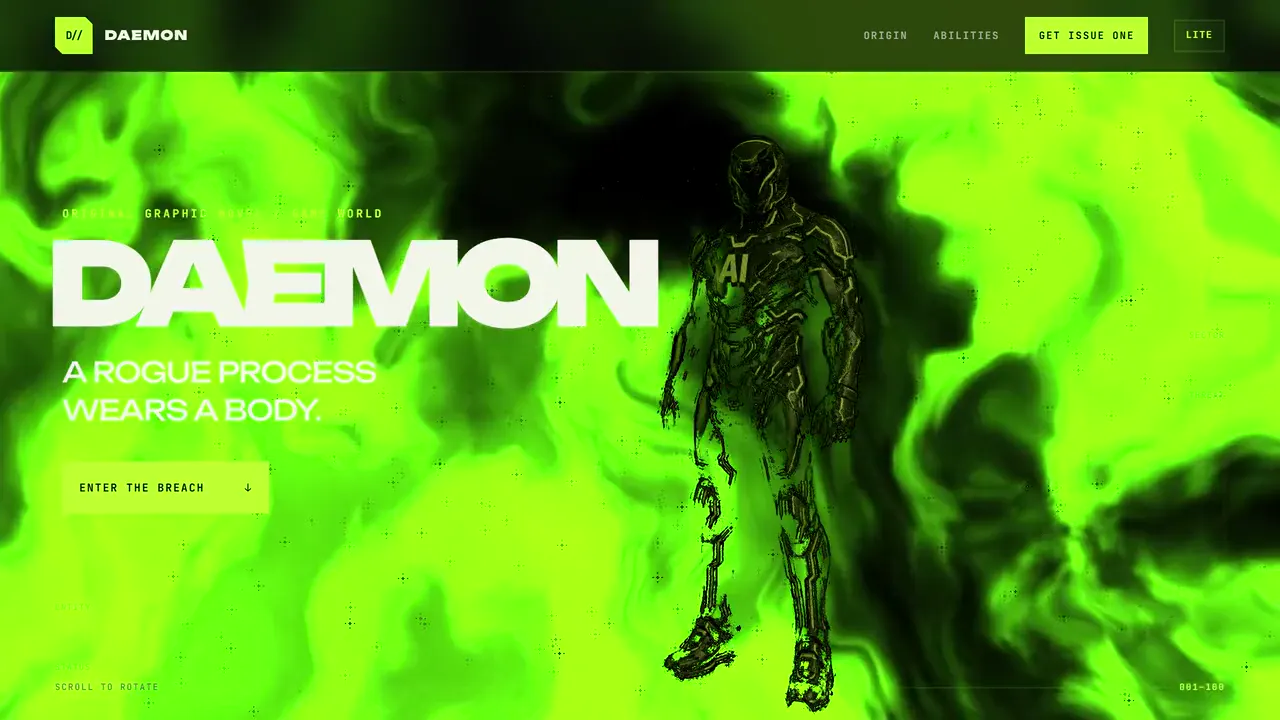 Website capture: DAEMON graphic-novel hero, a black armored figure in acid-green smoke