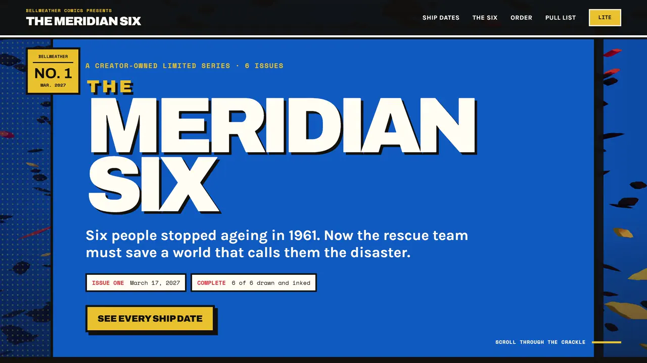 Website capture: THE MERIDIAN SIX comic site hero in blue with bold yellow accents