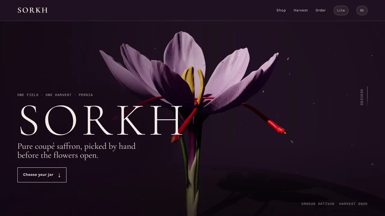 Website capture: SORKH saffron brand hero with a violet crocus on a dark plum background