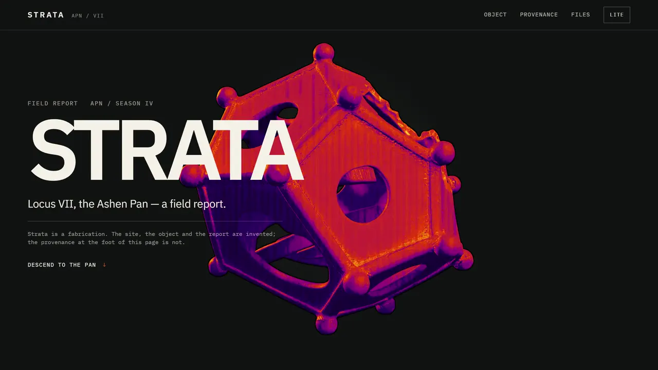 Website capture: STRATA field report hero with a thermal-orange dodecahedron render