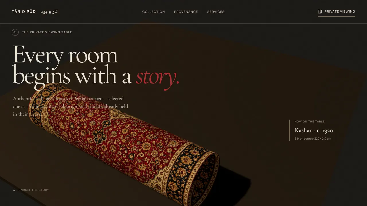 Website capture: TĀR O PŪD atelier hero, a Kashan carpet rolled on the private viewing table