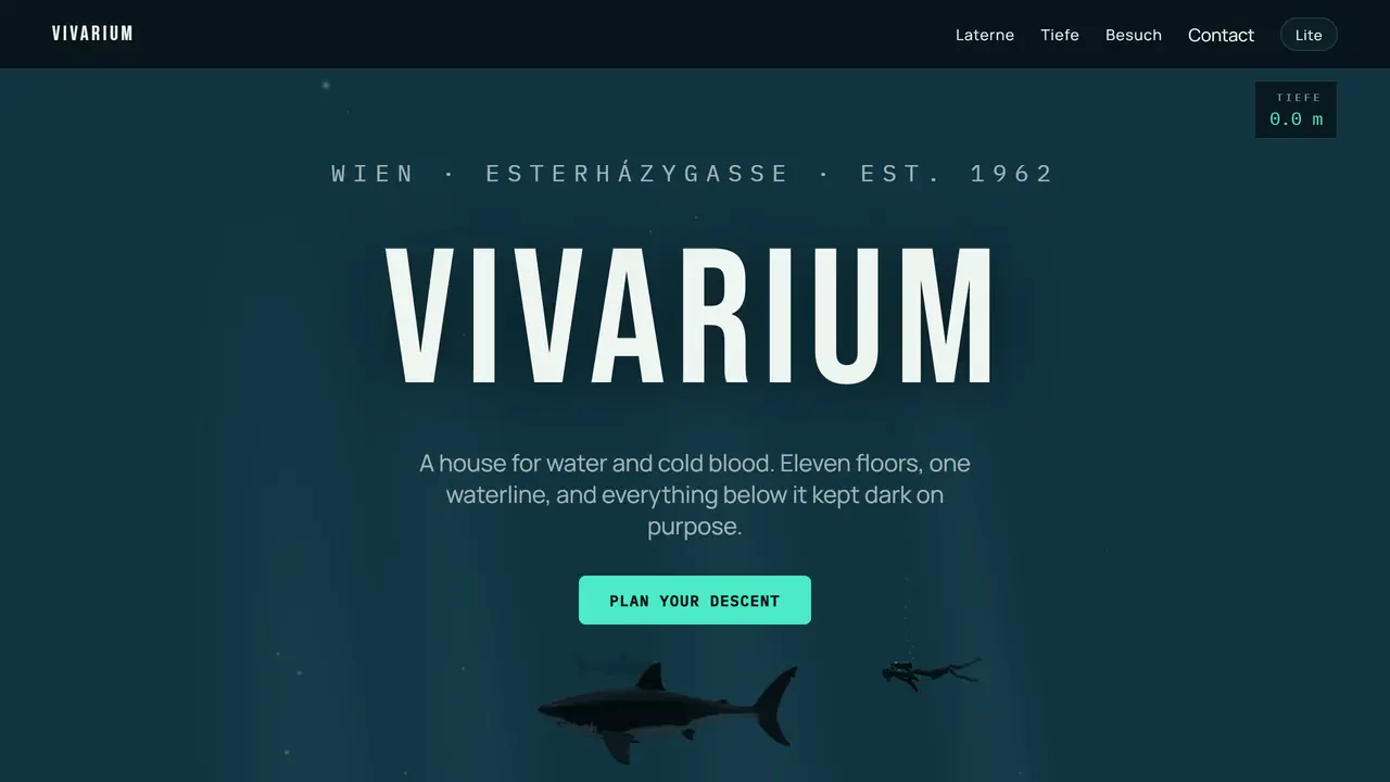 Website capture: VIVARIUM aquarium hero with large white lettering, a shark and a diver in deep blue water